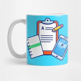 Clipboard, Note Book, Paper, Pencil, And Hand Phone Cartoon Mug